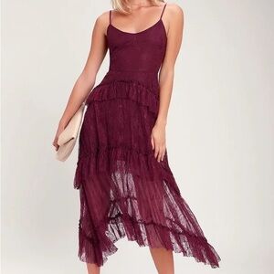 Lulu's Burgundy Maroon Midi Lace Dress, Ruffles, Tiered, Wedding Guest